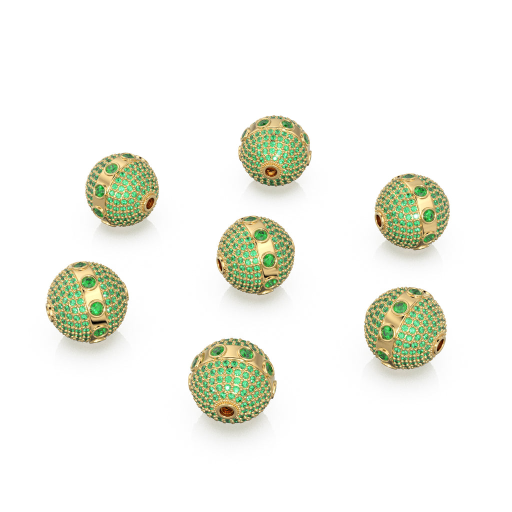 Emerald Pave Setting Solid Gold Spacer Finding Bead, Green Emerald Spacer, Zambian Emerald Pave Finding, Solid Gold Bead 13mm Christmas Gift - Jalvi & Co.