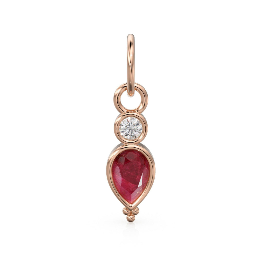Gold Natural Ruby with Diamond Charm, Drop Earring, Dainty Earwire, Faceted ruby, 14k 18k Gold Earwire, Red Ruby Earring Finding, Gold Pendant - Jalvi & Co.