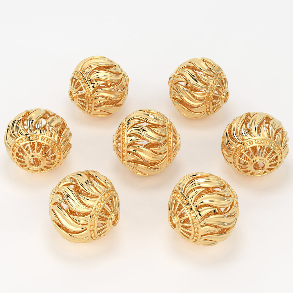 10mm Leaf Filigree 18k Solid Gold Handmade Designer Round Spacer Bead Finding St Patricks Day