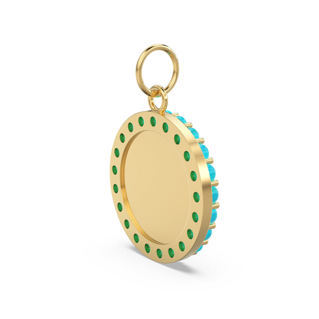 Hamsa Blue Turquoise Enamel Disc Gold Charm / Enamel Solid Gold Hamsa Pendant / Circle Diamond Charm / Gemstone Jewelry / Turquoise Necklace