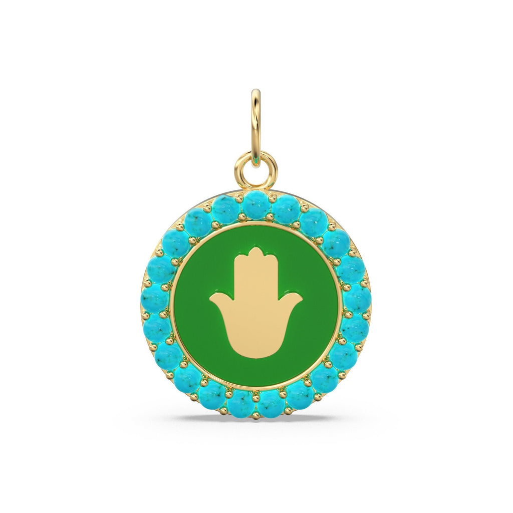 Hamsa Blue Turquoise Enamel Disc Gold Charm / Enamel Solid Gold Hamsa Pendant / Circle Diamond Charm / Gemstone Jewelry / Turquoise Necklace