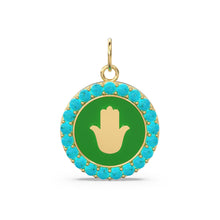 Load image into Gallery viewer, Hamsa Blue Turquoise Enamel Disc Gold Charm / Enamel Solid Gold Hamsa Pendant / Circle Diamond Charm / Gemstone Jewelry / Turquoise Necklace