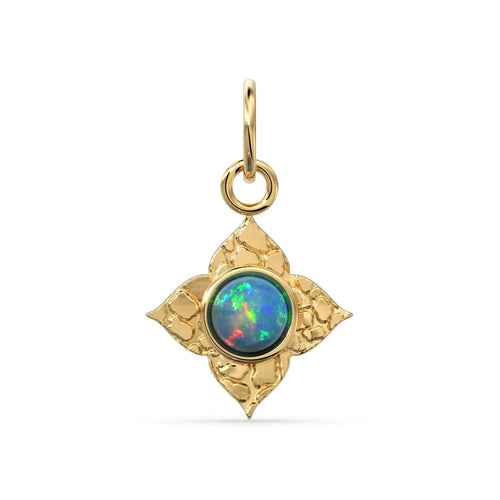 14k Yellow Solid Gold Fire Australian Opal Charm Pendant Bezel Jewelry Finding / Antique Tribal Style St Patricks Day