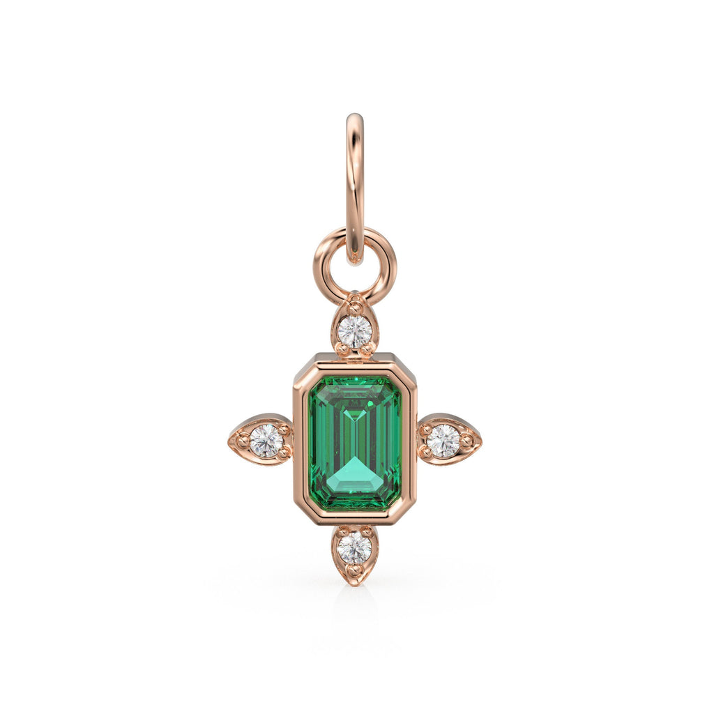 14k Gold Lab Emerald & Rose Cut Diamond Women Pendant Necklace, Emerald Gemstone, Minimalist Gold Jewelry, Necklace Findings, Precious Stone - Jalvi & Co.