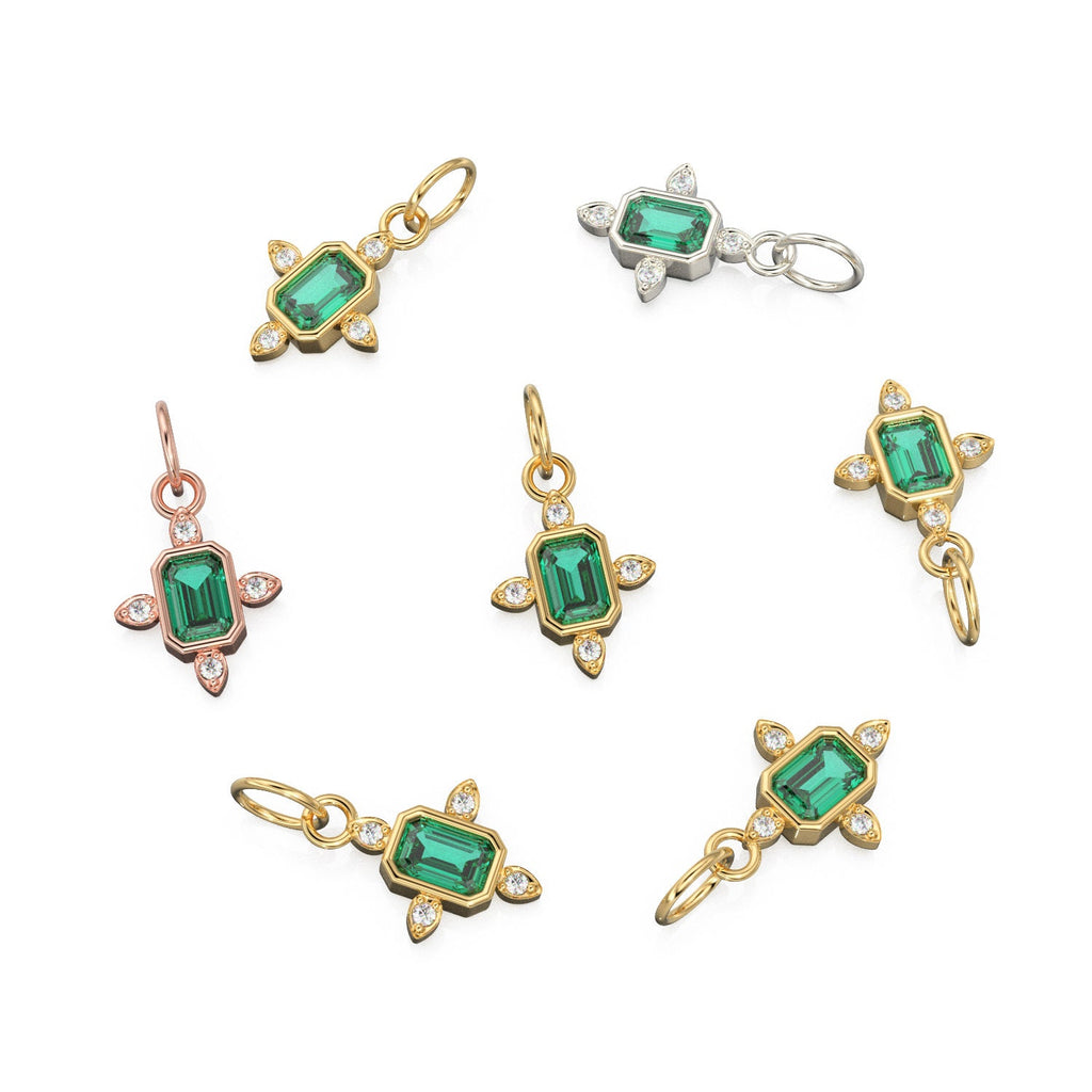 14k Gold Lab Emerald & Rose Cut Diamond Women Pendant Necklace, Emerald Gemstone, Minimalist Gold Jewelry, Necklace Findings, Precious Stone - Jalvi & Co.