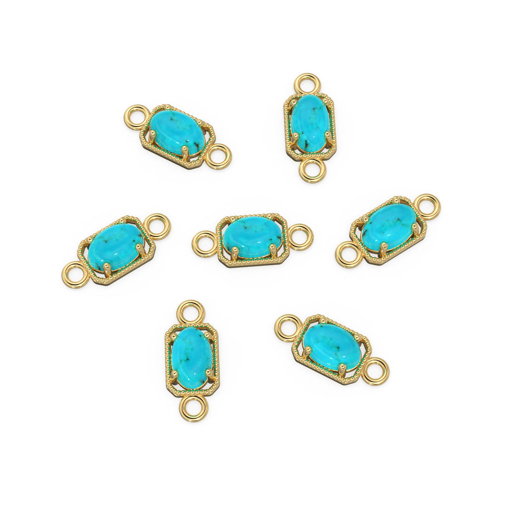 6mm 14k Yellow Solid Gold Sleeping Beauty Turquoise Oval Connector Milgrain Bezel Jewelry Finding