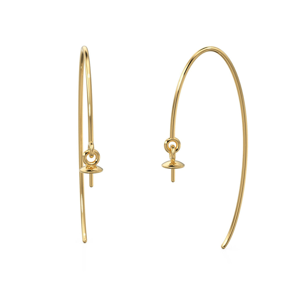 4mm Pearl Cap Gemstone Earring Hooks Ear wires Pair / Finding 35mm x 14mm / 20 GAUGE / 14k 18k Solid Gold Bead Cap Earring Jewelry Making