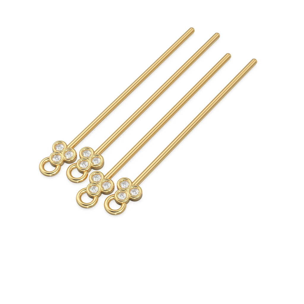 29mm 18k Solid Yellow Gold Brilliant Round White Diamonds Eye Pin Headpin Connector With Loop 1pc