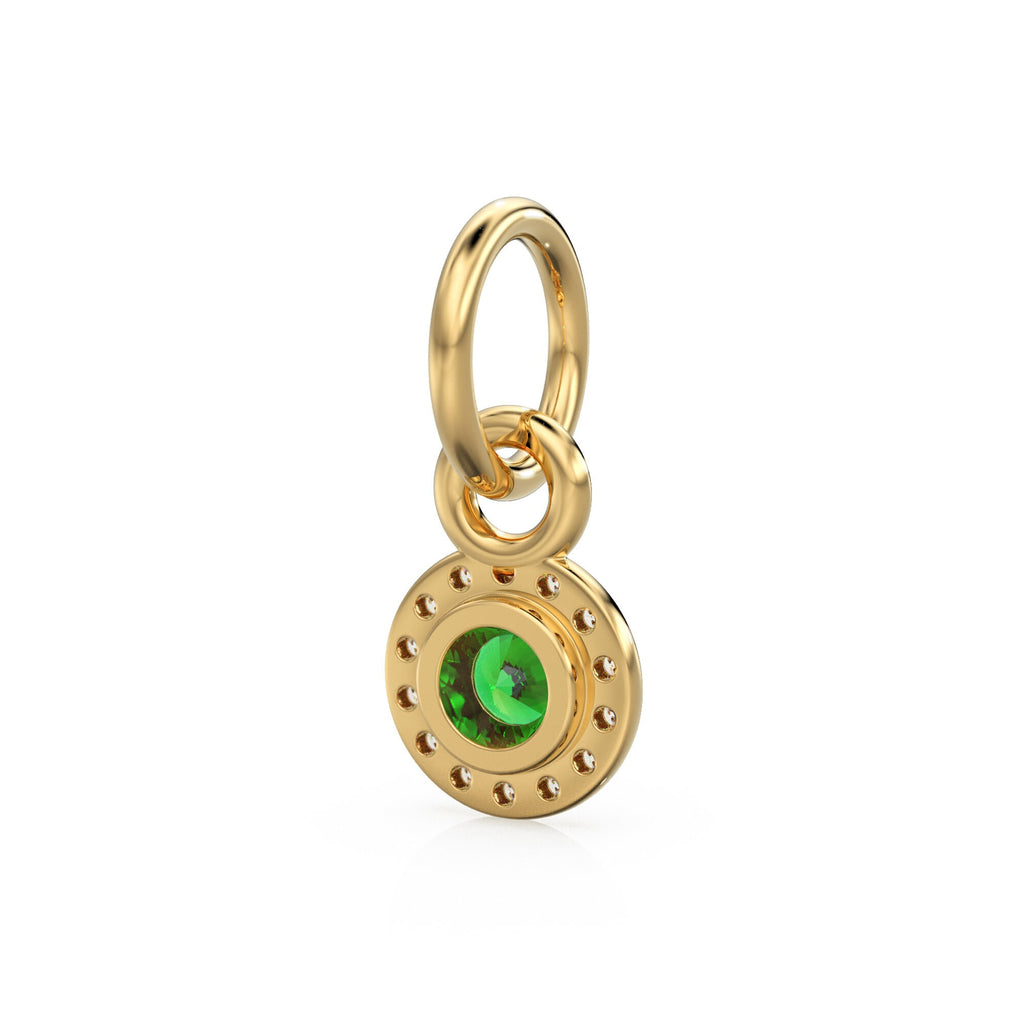 10mm 14K solid Yellow Gold Diamond Natural Emerald Round Coin Shape Charm Necklace Pendant St Patricks Day