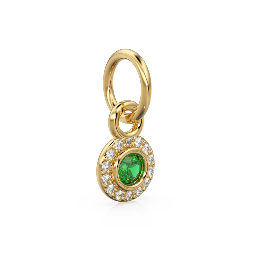 10mm 14K solid Yellow Gold Diamond Natural Emerald Round Coin Shape Charm Necklace Pendant St Patricks Day