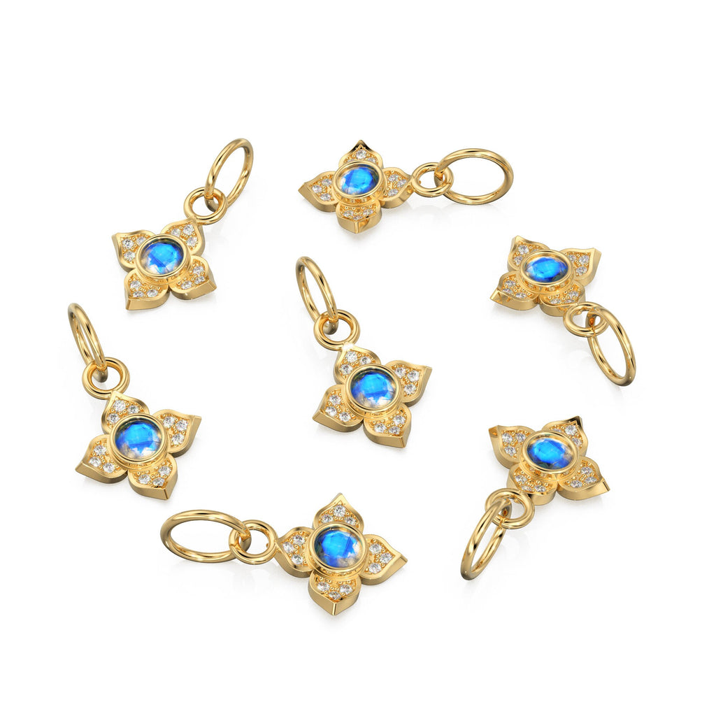 10MM 14K solid Yellow Gold Diamond Moonstone 4 petal Flower Quatrefoil Charm Necklace Pendant St Patricks Day