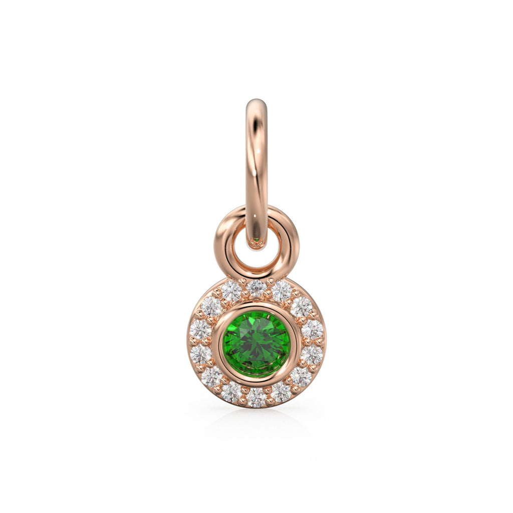 10mm 14K solid Yellow Gold Diamond Natural Emerald Round Coin Shape Charm Necklace Pendant St Patricks Day