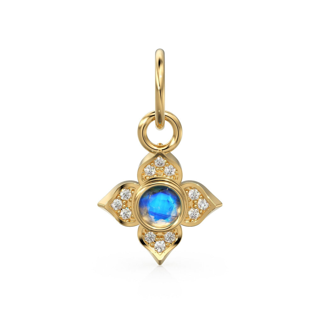 10MM 14K solid Yellow Gold Diamond Moonstone 4 petal Flower Quatrefoil Charm Necklace Pendant St Patricks Day