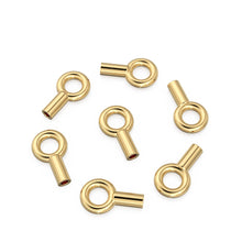 Load image into Gallery viewer, 14k Solid Yellow Gold Crimp Cap End Stringing Finding With 0.9mm Holes 4mm Jump Ring Quantity: 2 0r 10 St Patricks Day
