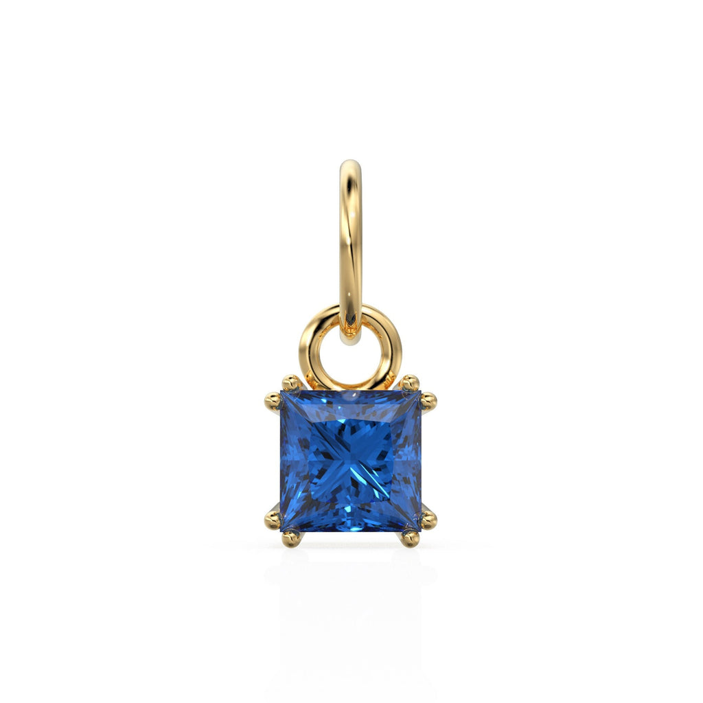 Blue Sapphire Princess Cut Solid Gold Charm / Blue Gemstone Handmade 18k Gold Pendant / 14k Gold September Birthstone Jewelry Making Finding