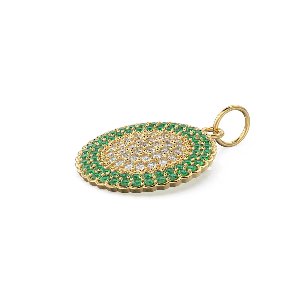 Green Emerald Pave Diamond Gold Pendant / Natural Diamond Handmade Gold Coin Charm / 14k Solid Yellow Gold Circle Handmade Hip Hop Necklace - Jalvi & Co.