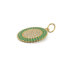 Load image into Gallery viewer, Green Emerald Pave Diamond Gold Pendant / Natural Diamond Handmade Gold Coin Charm / 14k Solid Yellow Gold Circle Handmade Hip Hop Necklace