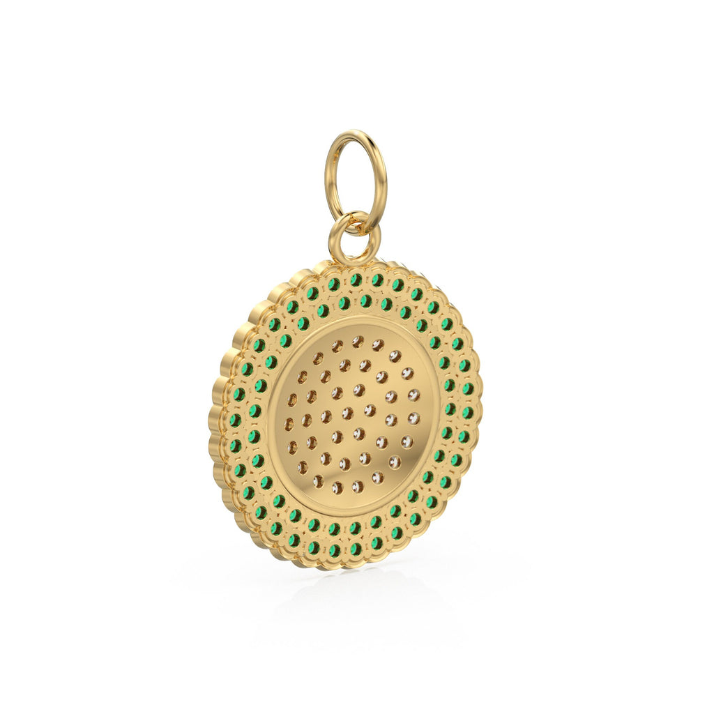 Green Emerald Pave Diamond Gold Pendant / Natural Diamond Handmade Gold Coin Charm / 14k Solid Yellow Gold Circle Handmade Hip Hop Necklace