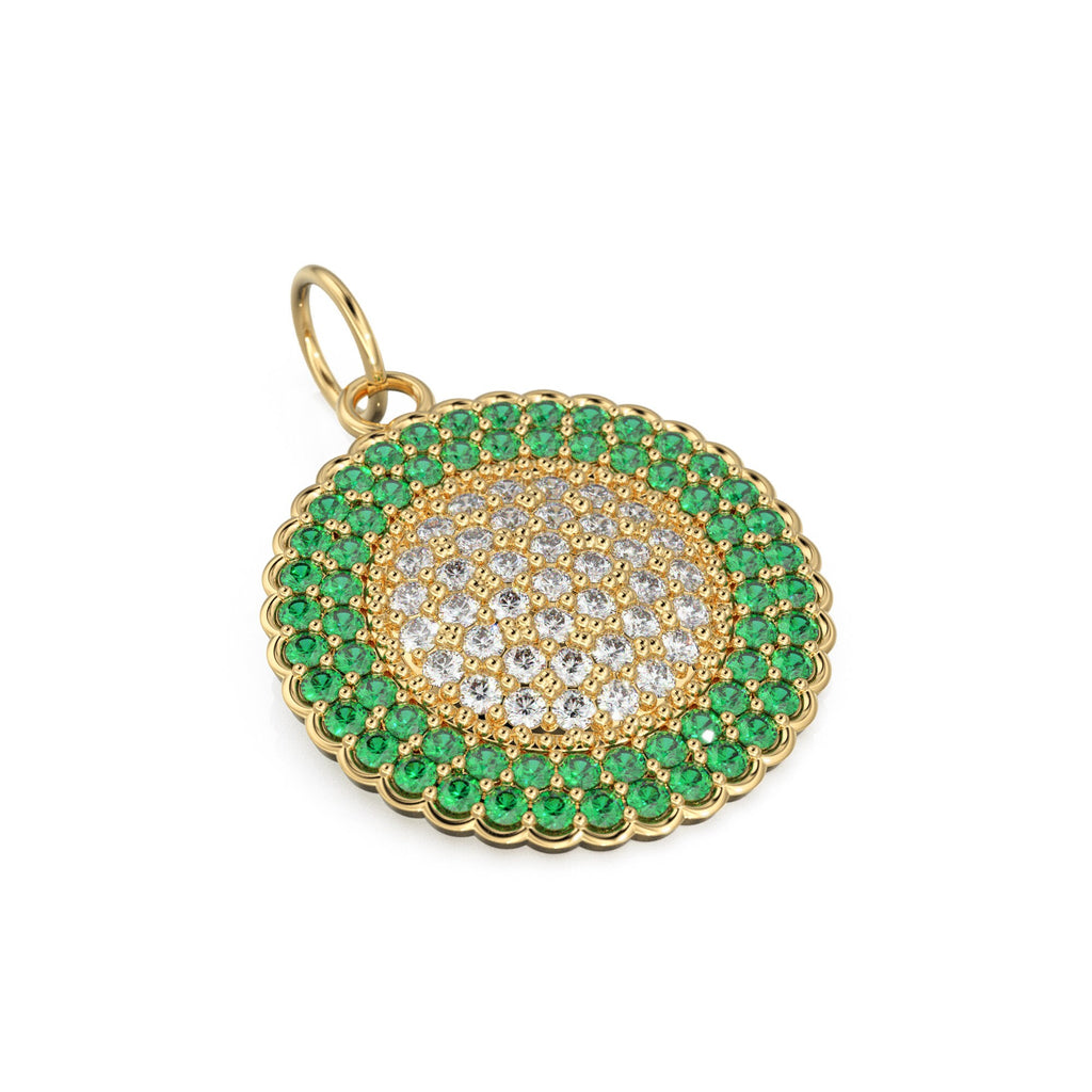 Green Emerald Pave Diamond Gold Pendant / Natural Diamond Handmade Gold Coin Charm / 14k Solid Yellow Gold Circle Handmade Hip Hop Necklace