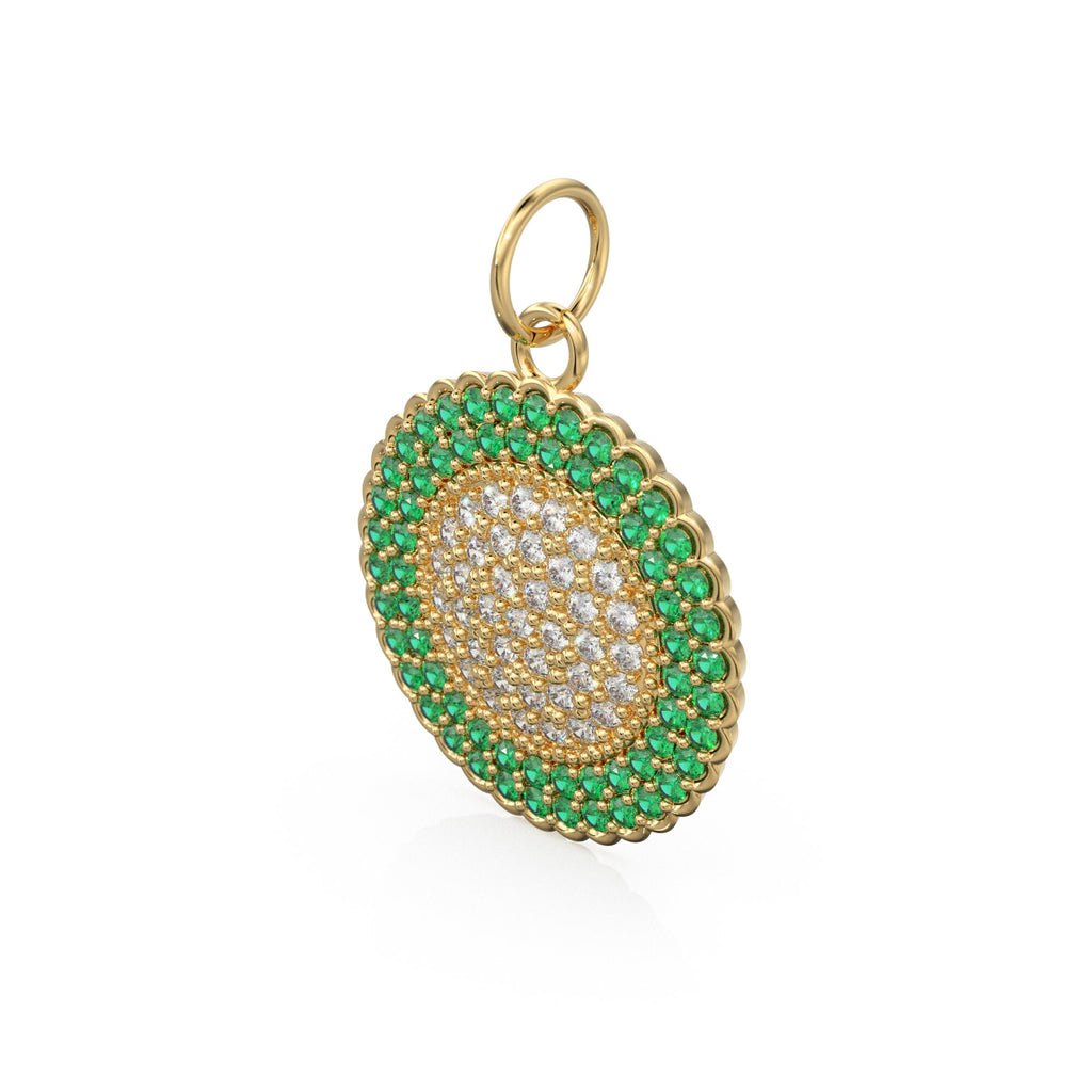 Green Emerald Pave Diamond Gold Pendant / Natural Diamond Handmade Gold Coin Charm / 14k Solid Yellow Gold Circle Handmade Hip Hop Necklace