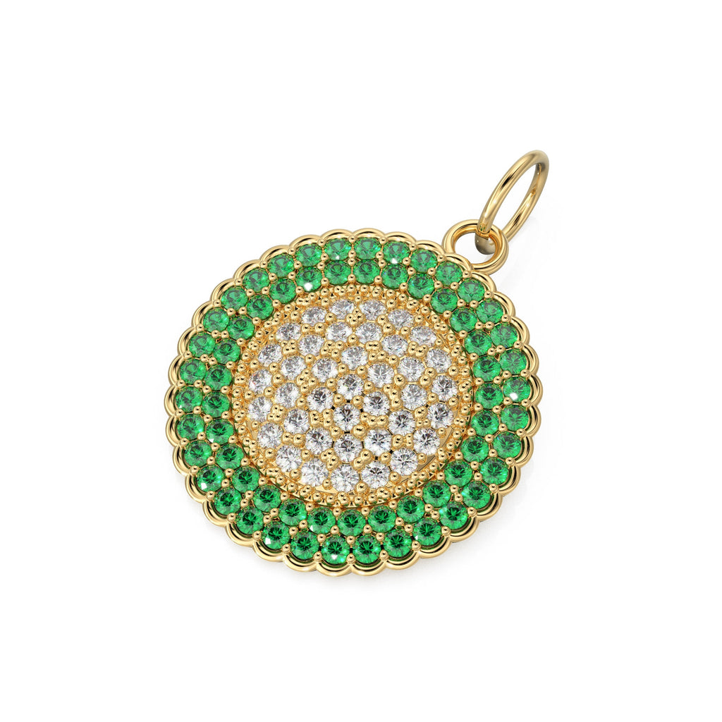 Green Emerald Pave Diamond Gold Pendant / Natural Diamond Handmade Gold Coin Charm / 14k Solid Yellow Gold Circle Handmade Hip Hop Necklace