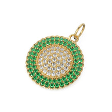 Load image into Gallery viewer, Green Emerald Pave Diamond Gold Pendant / Natural Diamond Handmade Gold Coin Charm / 14k Solid Yellow Gold Circle Handmade Hip Hop Necklace