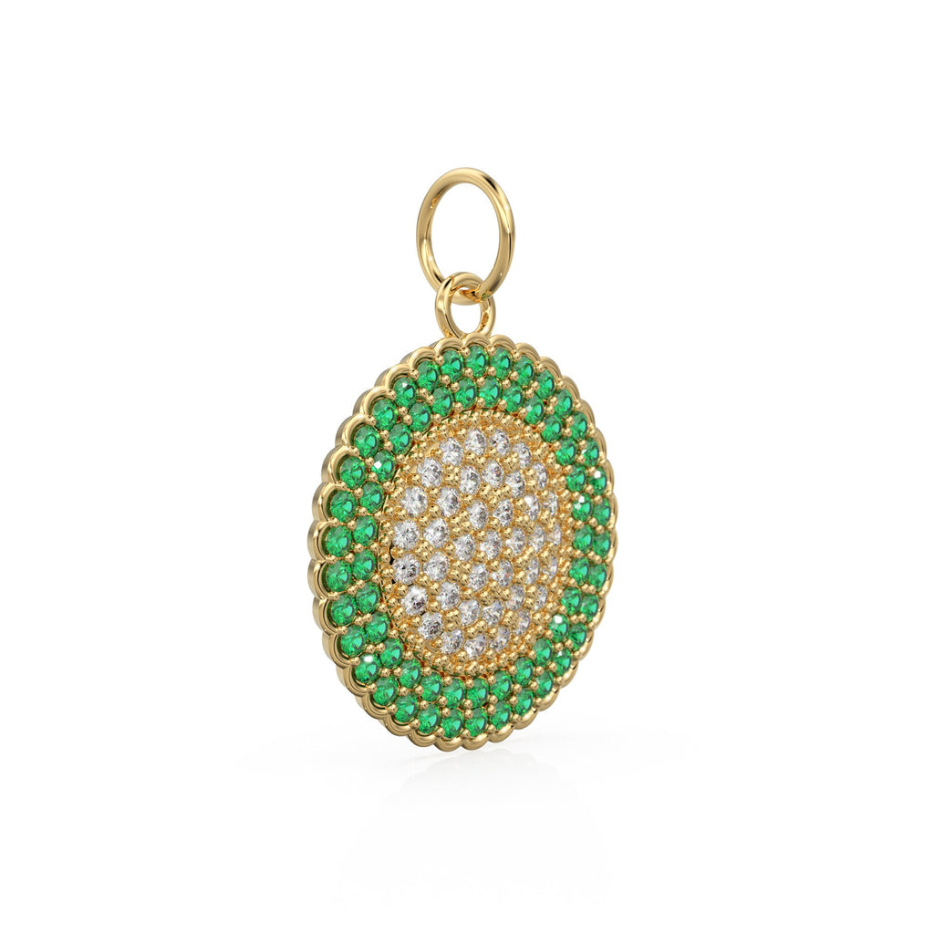 Green Emerald Pave Diamond Gold Pendant / Natural Diamond Handmade Gold Coin Charm / 14k Solid Yellow Gold Circle Handmade Hip Hop Necklace - Jalvi & Co.