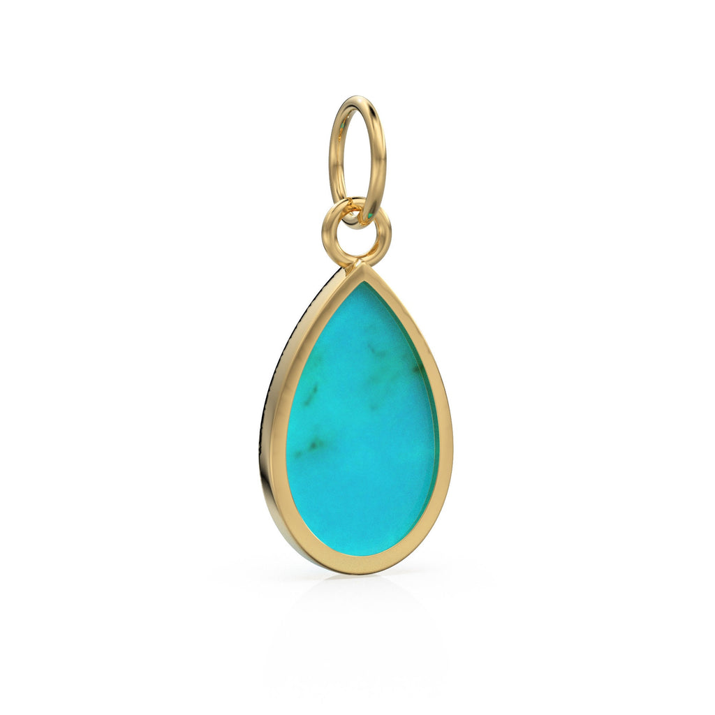10.2mmx24.5mm 18k Solid Yellow Gold LARGE Sleeping Beauty Turquoise Pear Bezel Pendant Charm With 5.6mm Loop Jump Ring St Patricks Day