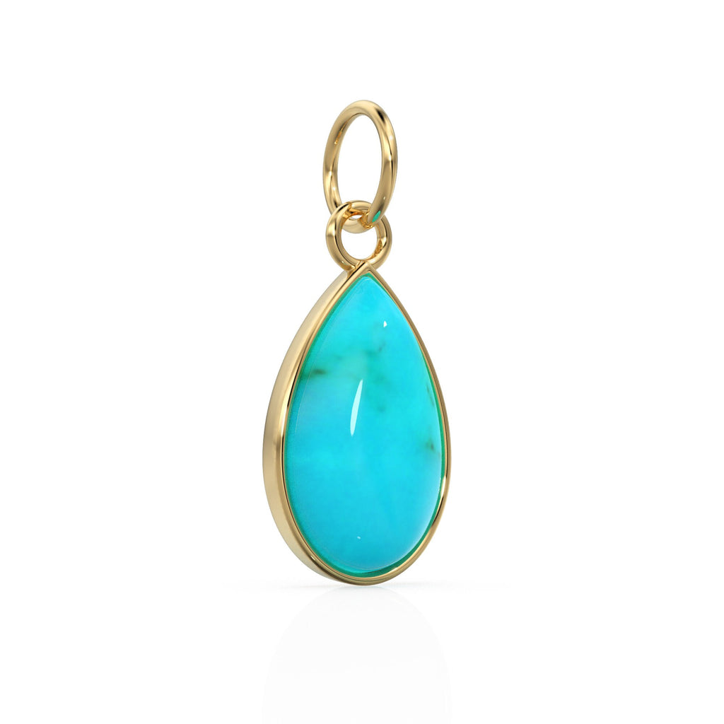 10.2mmx24.5mm 18k Solid Yellow Gold LARGE Sleeping Beauty Turquoise Pear Bezel Pendant Charm With 5.6mm Loop Jump Ring