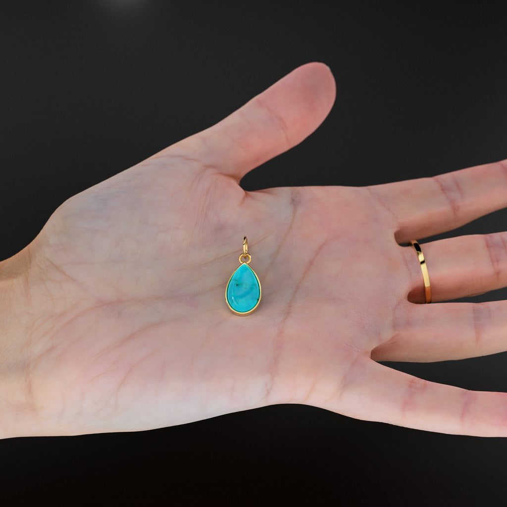 10.2mmx24.5mm 18k Solid Yellow Gold LARGE Sleeping Beauty Turquoise Pear Bezel Pendant Charm With 5.6mm Loop Jump Ring St Patricks Day