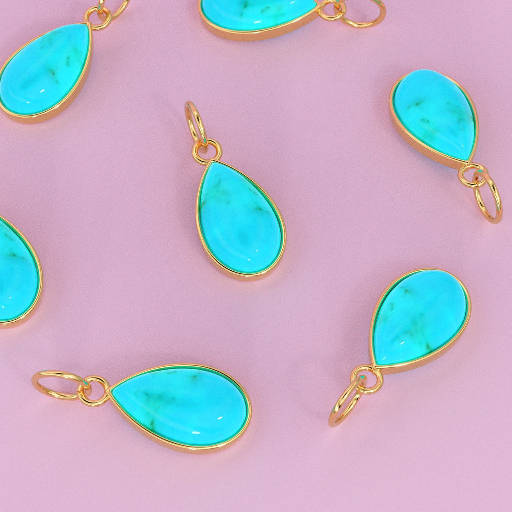 10.2mmx24.5mm 18k Solid Yellow Gold LARGE Sleeping Beauty Turquoise Pear Bezel Pendant Charm With 5.6mm Loop Jump Ring St Patricks Day