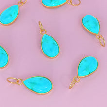 Load image into Gallery viewer, 10.2mmx24.5mm 18k Solid Yellow Gold LARGE Sleeping Beauty Turquoise Pear Bezel Pendant Charm With 5.6mm Loop Jump Ring St Patricks Day