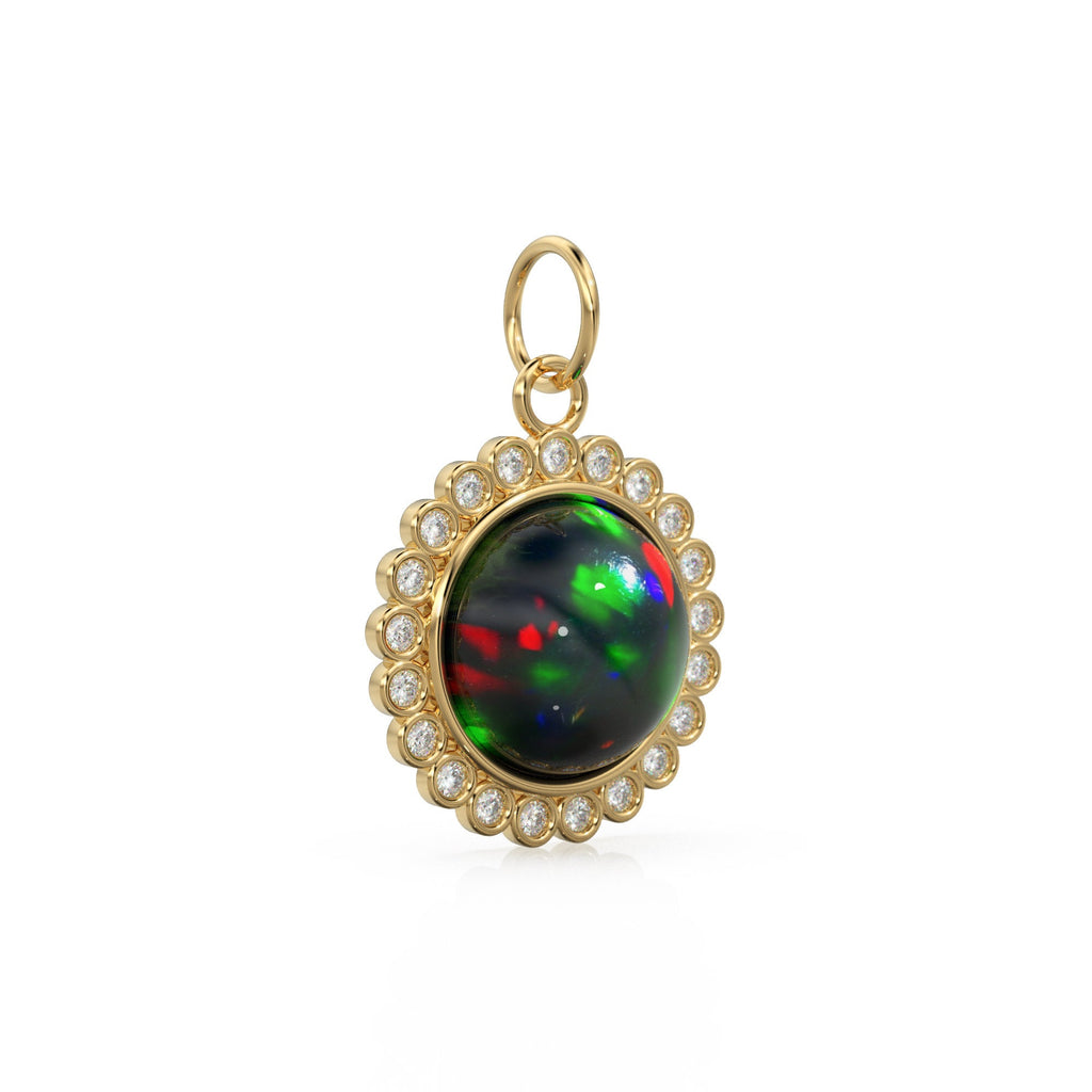 26mm 14K Solid Yellow Gold Diamond Black Opal Round Coin Shape Charm Necklace Pendant