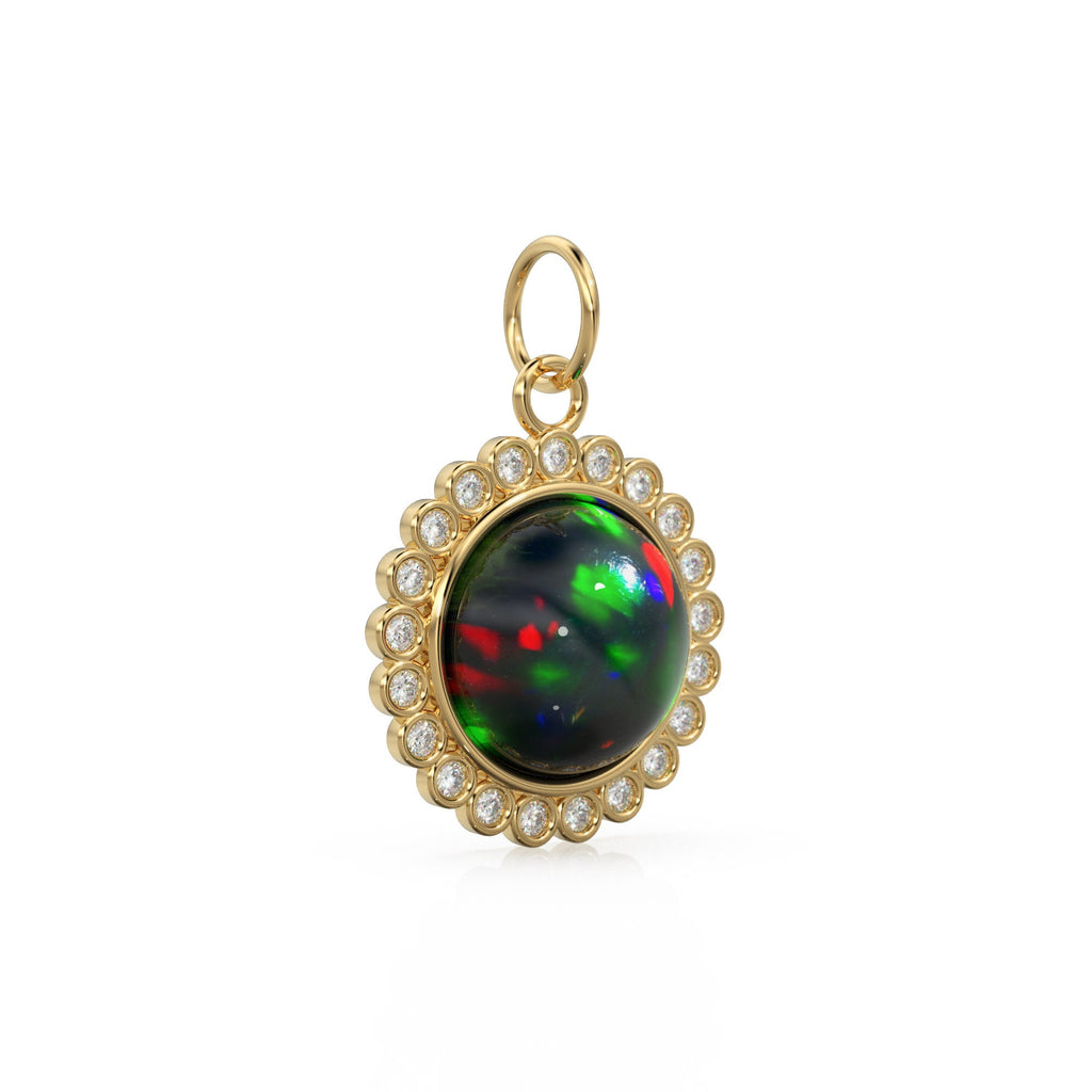 26mm 14K Solid Yellow Gold Diamond Black Opal Round Coin Shape Charm Necklace Pendant - Jalvi & Co.