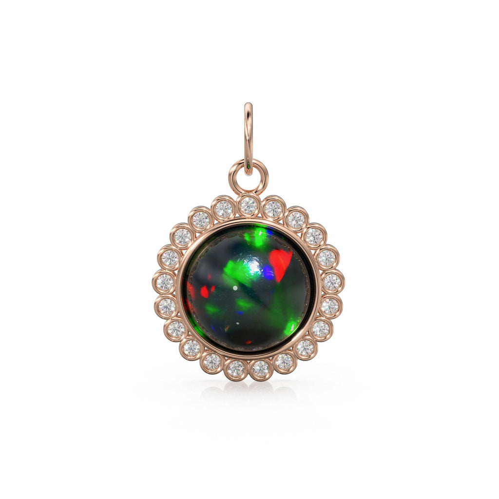 26mm 14K Solid Yellow Gold Diamond Black Opal Round Coin Shape Charm Necklace Pendant - Jalvi & Co.