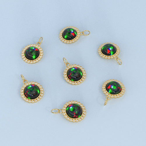 26mm 14K Solid Yellow Gold Diamond Black Opal Round Coin Shape Charm Necklace Pendant - Jalvi & Co.