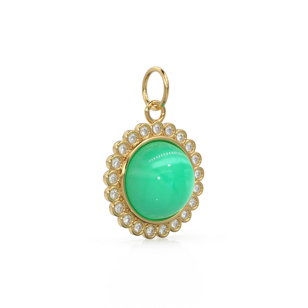 26mm 14K Solid Yellow Gold Diamond Apple Green Chrysoprase Round Coin Shape Charm Necklace Pendant - Jalvi & Co.