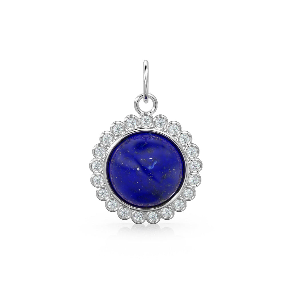 26mm 14K Solid Yellow Gold Diamond Blue Lapis Lazuli Round Coin Shape Charm Necklace Pendant - Jalvi & Co.