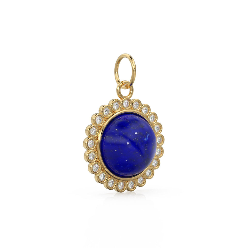 26mm 14K Solid Yellow Gold Diamond Blue Lapis Lazuli Round Coin Shape Charm Necklace Pendant