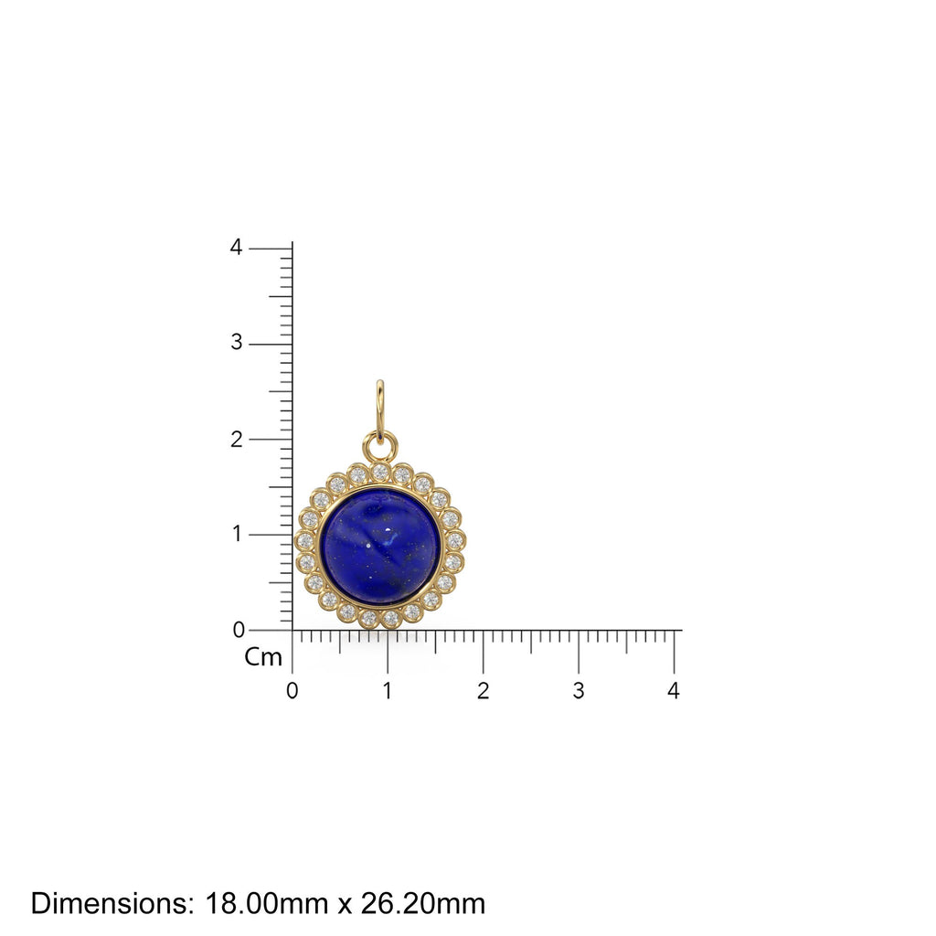 26mm 14K Solid Yellow Gold Diamond Blue Lapis Lazuli Round Coin Shape Charm Necklace Pendant