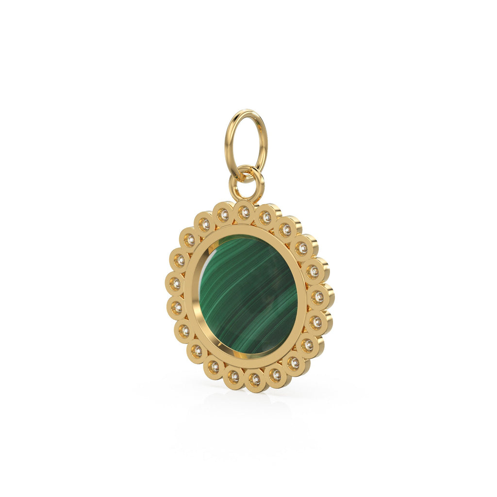 26mm 14K Solid Yellow Gold Diamond Green Malachite Round Coin Shape Charm Necklace Pendant