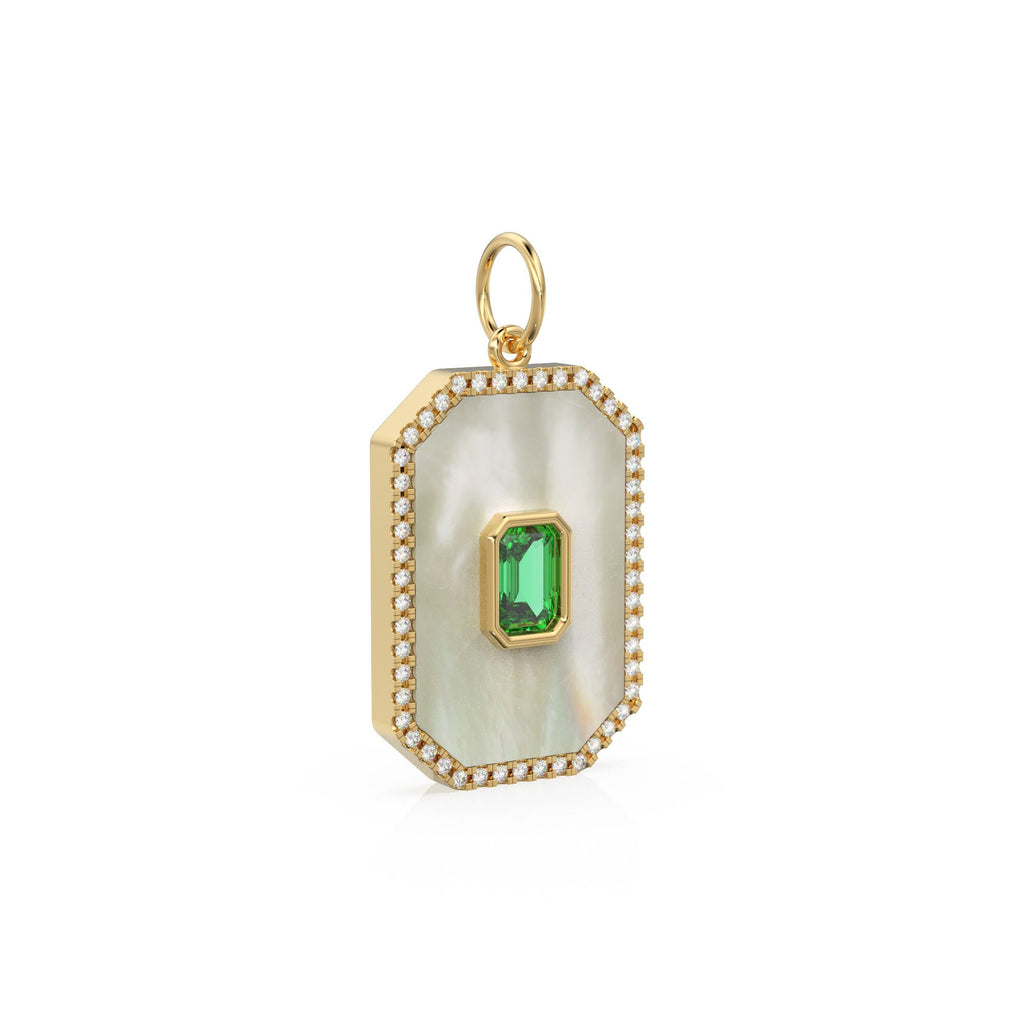 14K Solid Yellow Gold Emerald and Mother of Pearl Diamond Charm, Diamonds, Emerald, Mother of Pearl, Stunning Diamond Charm Pendant