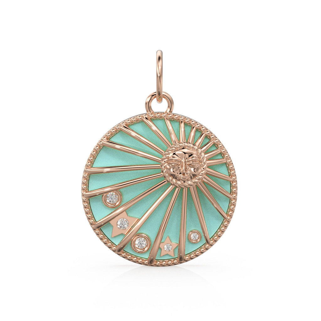 Turquoise Blue Enamel Day Night Sun Cosmic Love Pendant / Natural Diamond Handmade Gold Charm / 14k Solid Yellow Gold Jewelry For Necklace - Jalvi & Co.