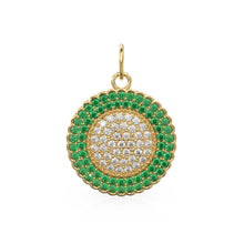 Load image into Gallery viewer, Green Emerald Pave Diamond Gold Pendant / Natural Diamond Handmade Gold Coin Charm / 14k Solid Yellow Gold Circle Handmade Hip Hop Necklace