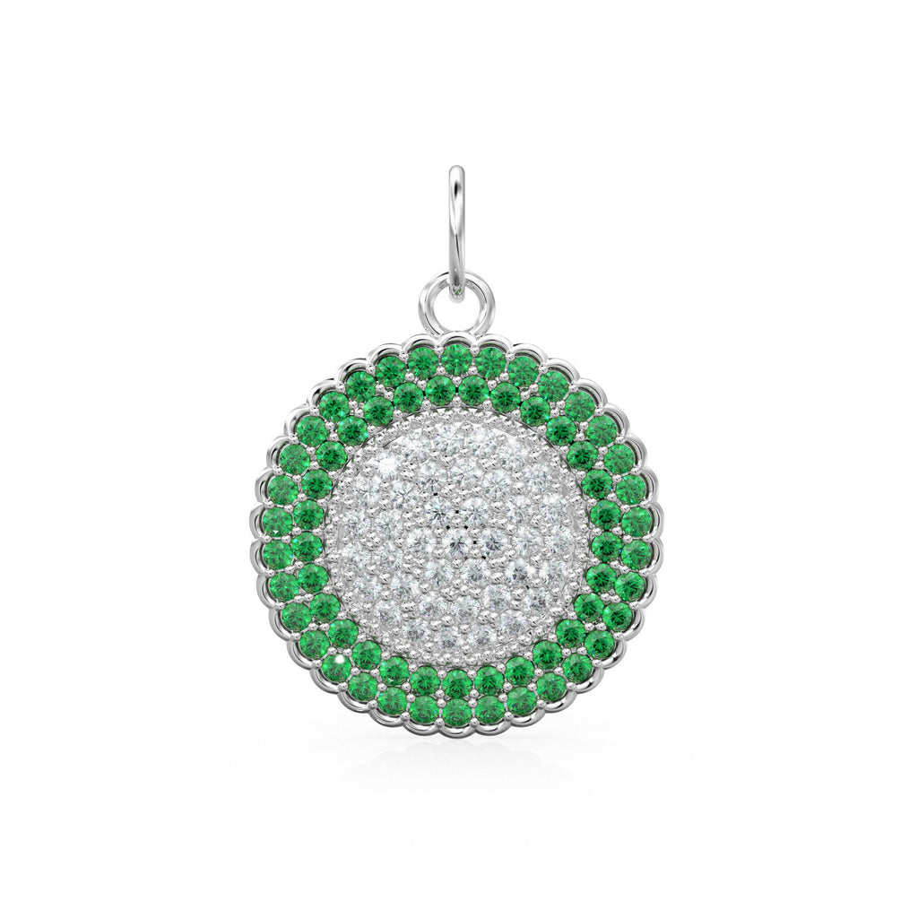 Green Emerald Pave Diamond Gold Pendant / Natural Diamond Handmade Gold Coin Charm / 14k Solid Yellow Gold Circle Handmade Hip Hop Necklace - Jalvi & Co.