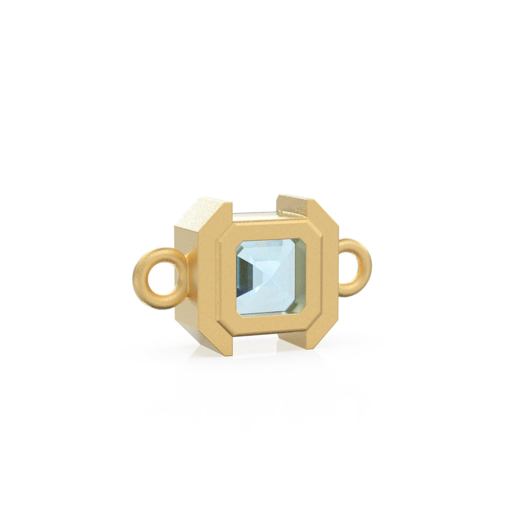 14k Solid Gold Aquamarine Emerald Square Cut Connector / Matte Finish Gemstone Station / March Birthstone Bezel Charm Bracelet Spacer