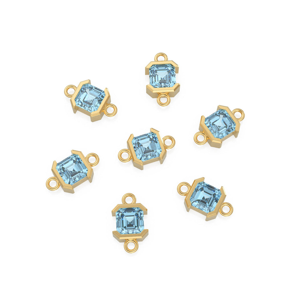 14k Solid Gold Aquamarine Emerald Square Cut Connector / Matte Finish Gemstone Station / March Birthstone Bezel Charm Bracelet Spacer - Jalvi & Co.