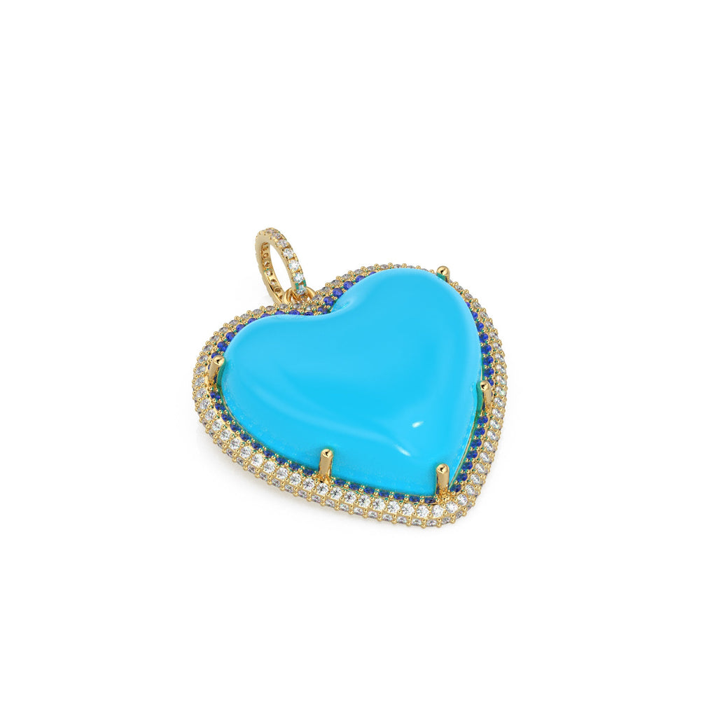 14K Solid Gold, Diamonds, Sapphires, Sleeping Beauty Turquoise, Jumbo Heart Charm Pendant