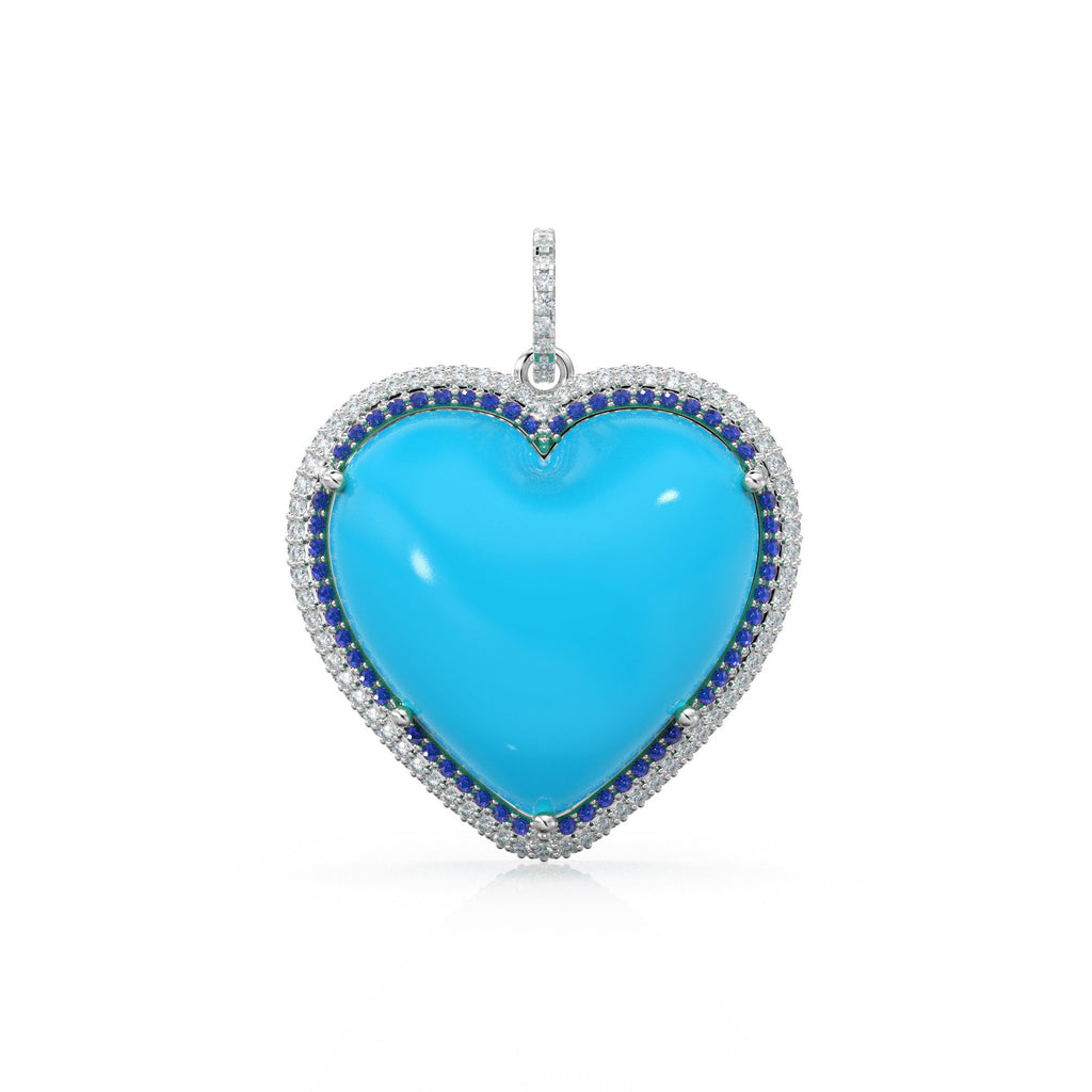 14K Solid Gold, Diamonds, Sapphires, Sleeping Beauty Turquoise, Jumbo Heart Charm Pendant