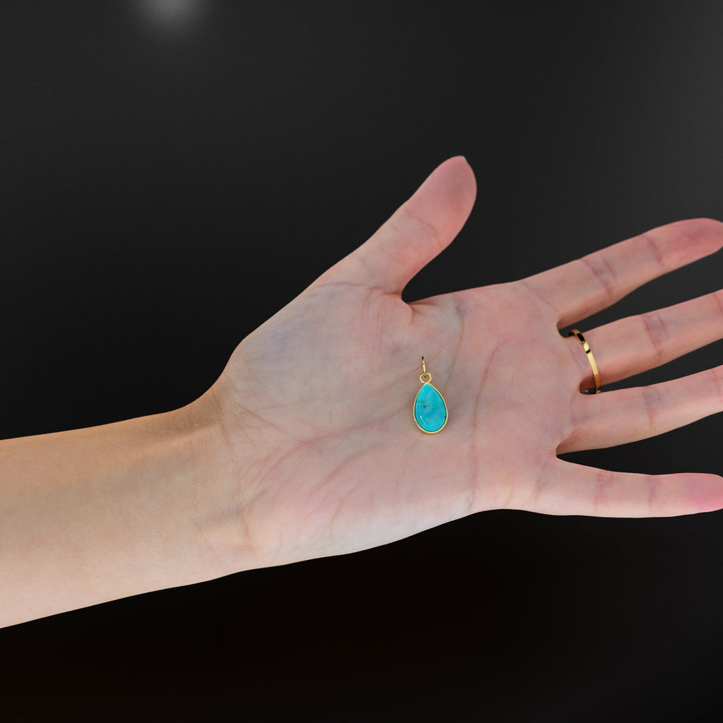 10.2mmx24.5mm 18k Solid Yellow Gold LARGE Sleeping Beauty Turquoise Pear Bezel Pendant Charm With 5.6mm Loop Jump Ring St Patricks Day